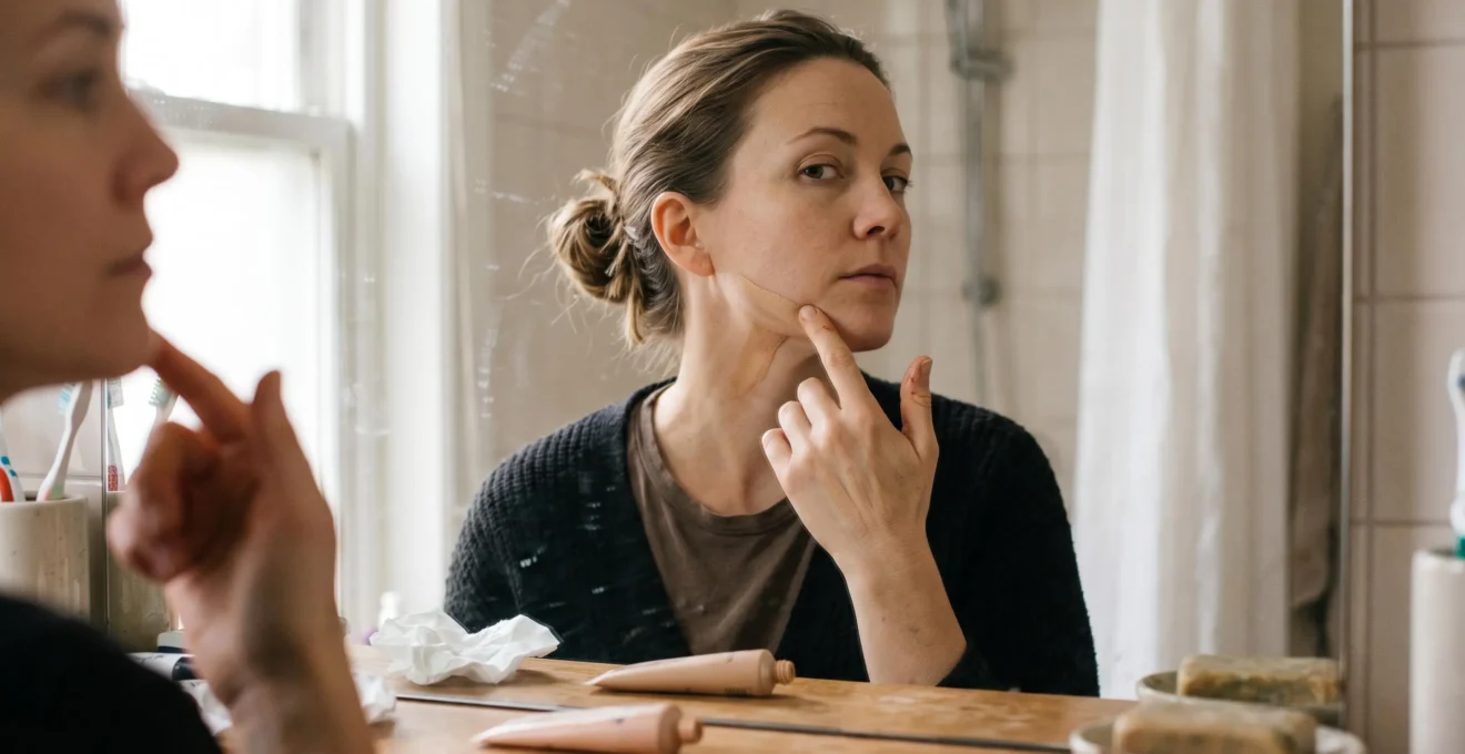 Une femme applique une trace de crème teintée sur sa mâchoire devant un miroir de salle de bain en lumière naturelle pour tester la teinte.