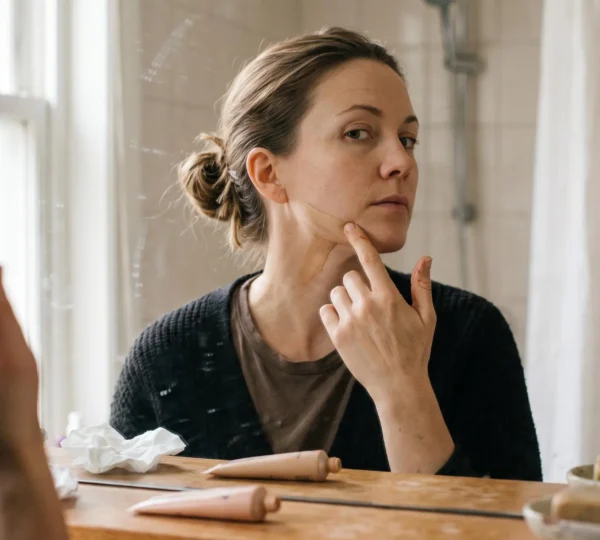 Une femme applique une trace de crème teintée sur sa mâchoire devant un miroir de salle de bain en lumière naturelle pour tester la teinte.